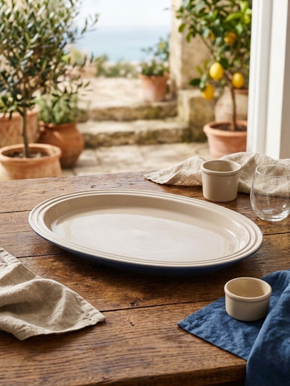Le Creuset Oval Serving Platter Stoneware 18 In Blue Dishwasher Safe